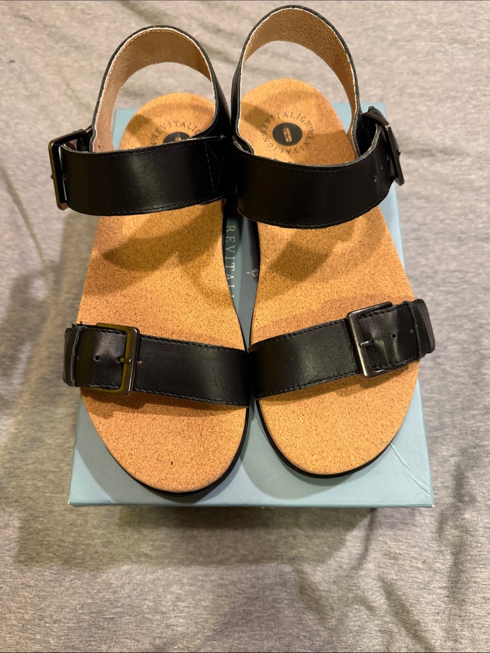 REVITALIGN Excursion Black Cork-Footbed Double Strap Sandals New with Box